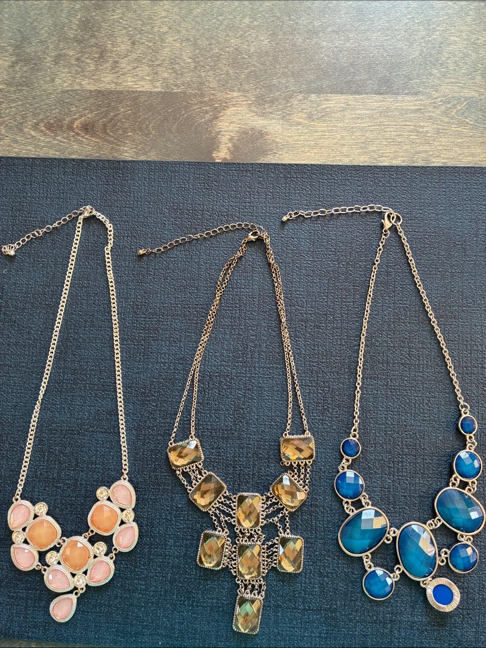 3 Statement Necklace with Peach, Brown & Blue Gemstones